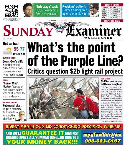 anti-transit headline, "What's the Point of the Purple Line," Washington Examiner, 7/24/2011