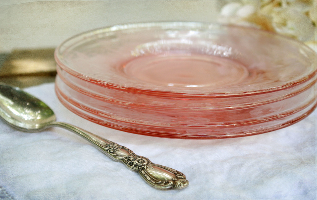 pink depression glass plates.