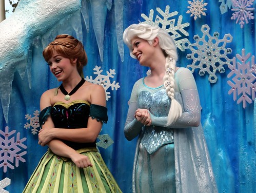 Anna and Elsa from Frozen in Disney Festival of Fantasy Parade at the Magic Kingdom - Walt Disney World (Closeup)