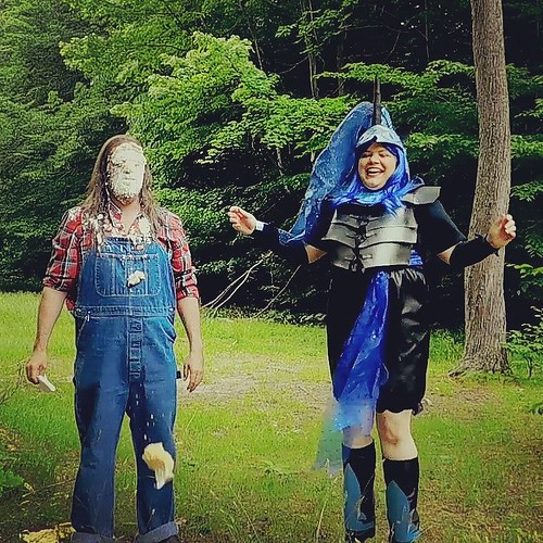 Last one of these (video later) but she really seems to have enjoyed pieing me. #pieintheface #overalls #Dickies #bluedenim #plaid #cosplay #mylittlepony #nightmaremoon