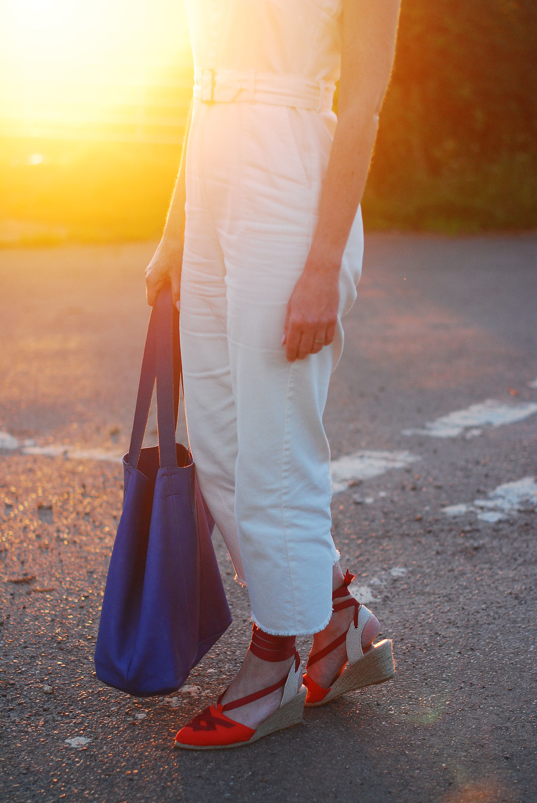 Sleeveless summer overalls: Red, white and blue outfit - red wedge espadrilles, white dungarees, blue slouchy bag | Not Dressed As Lamb