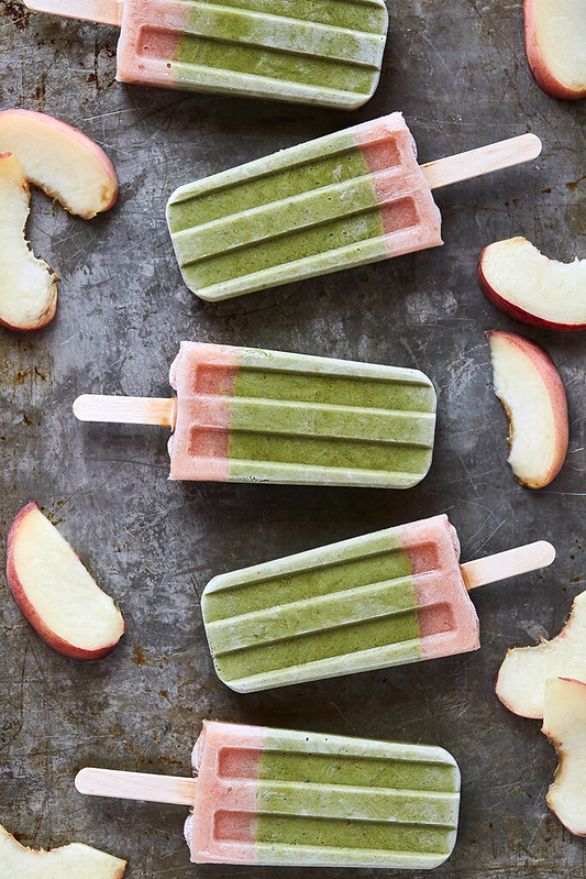 Roasted Peach and Vanilla Bean Matcha Popsicles