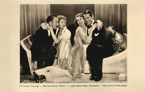 Roland Young, Genevieve Tobin, Jeanette MacDonald and Maurice Chevalier in One Hour With You