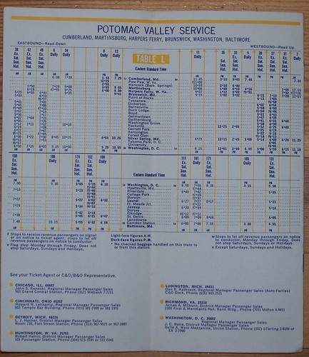 Page from a 1969 C&O/B&O railroad timetable showing the Potomac Valley Service schedule serving Washington, DC