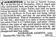 Slave Jailed 1841, The Weekly Standard (Raleigh, North Carolina), Wednesday, 11 August 1841