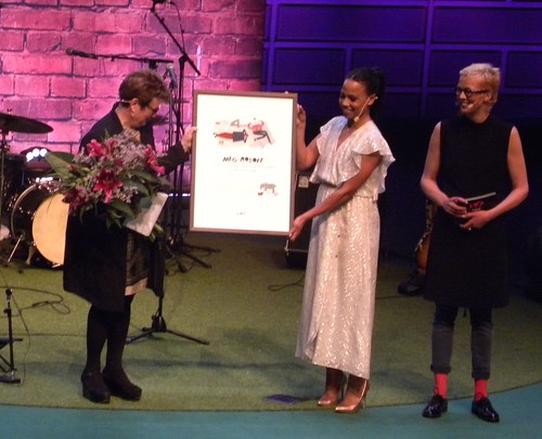 Meg Rosoff and the ALMA award, with Alice Bah Kuhnke and Katti Hoflin