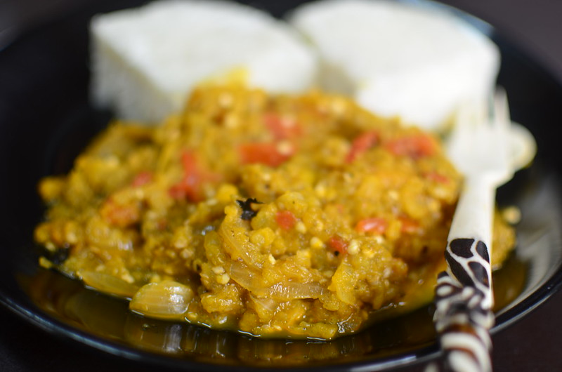 Garden Egg Sauce with boiled yam