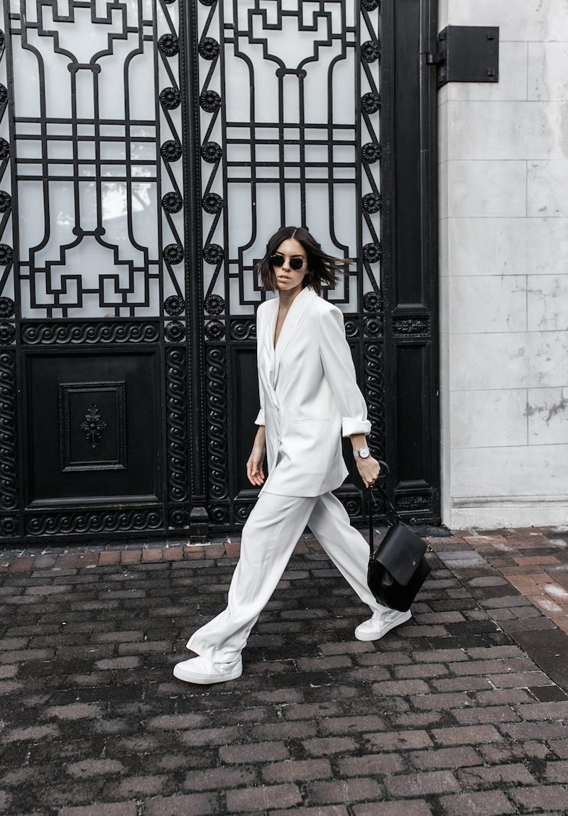 all white suit street style inspo fashion blogger celine Loxley bucket bag sneakers modern legacy minimal Instagram (18 of 18)