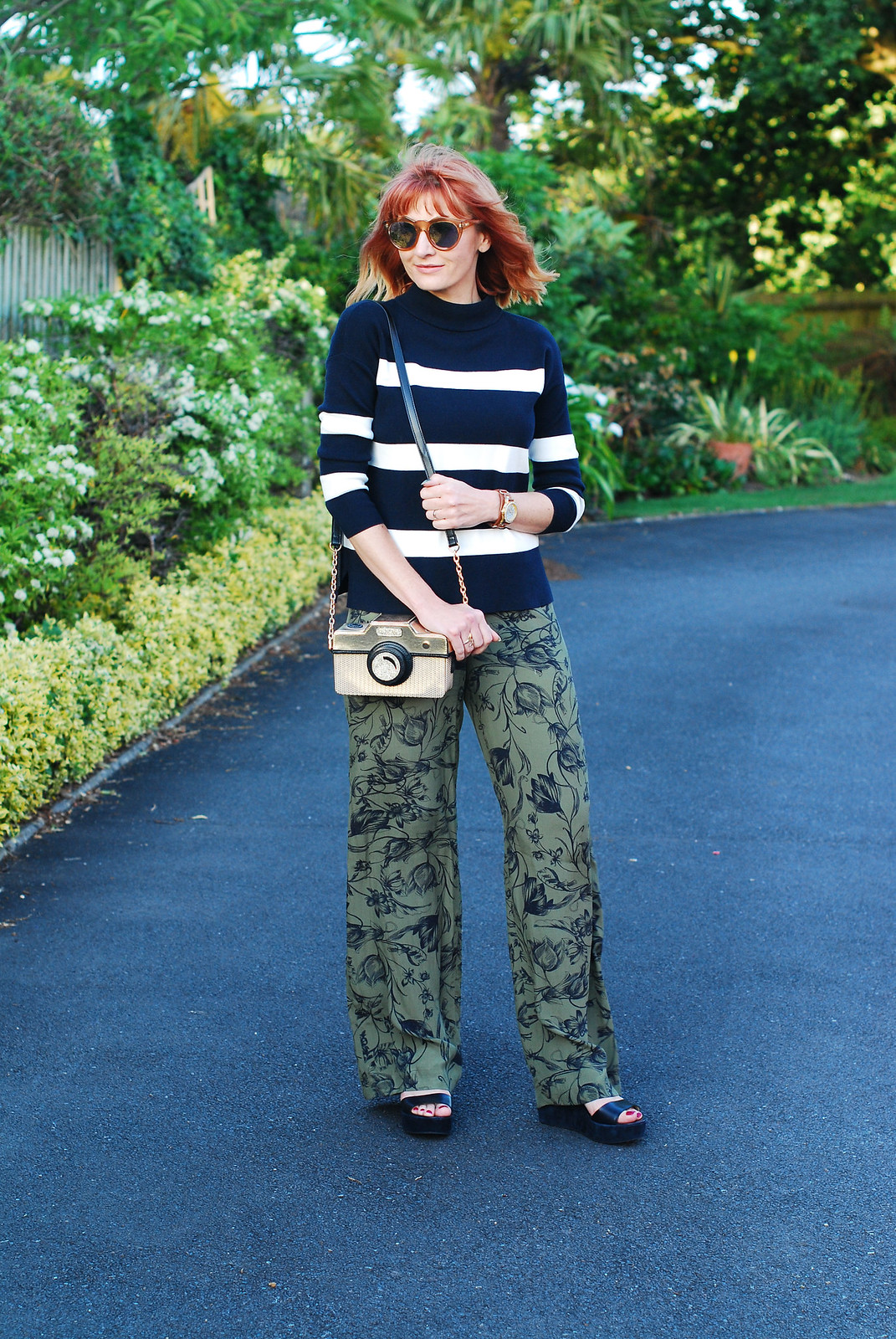 Pattern mixing: Navy/white striped sweater, khaki floral wide leg pants, strappy wedge sandals, novelty camera bag - Hobbs SS16 | Not Dressed As Lamb