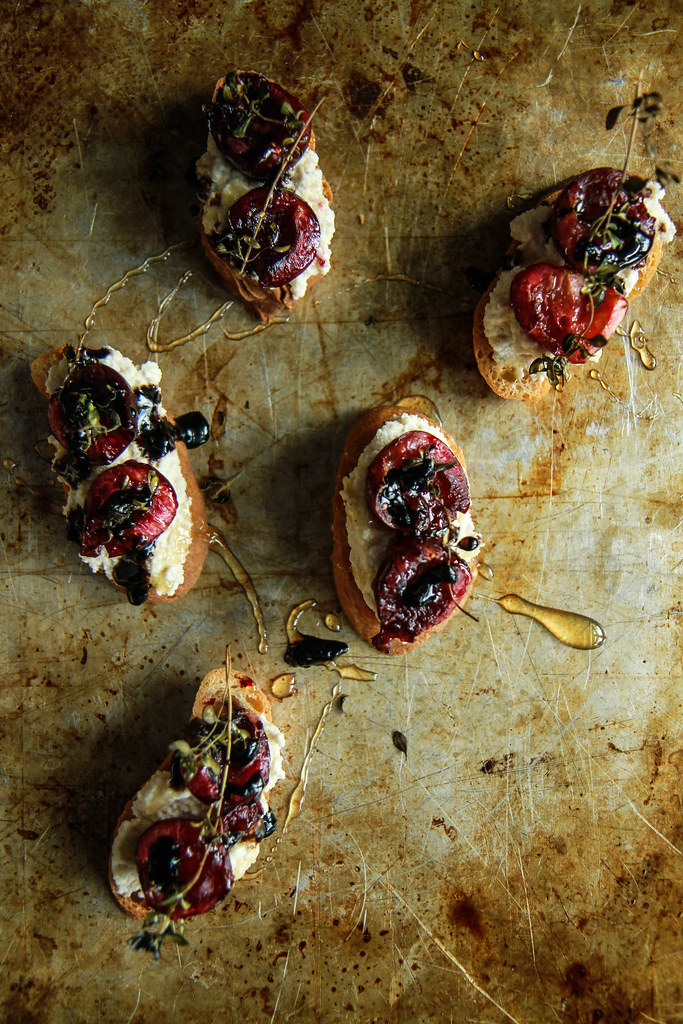 Crostini with Almond Ricotta, Roasted Cherries and Thyme with Balsamic and Honey- Vegan and GF form HeatherChristo.com