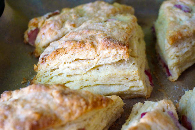 Closeup on the side of a baked scone, still on the pan. There's a multitude of flaky layers, looking like a cut mountainside, like geological strata.