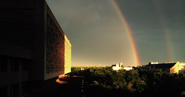 Double Rainbow from Wells Library #rainbow #doublerainbow #atmosphericoptics #sky #skies #indianaskies #bloomington #iubloomington #indianauniversity #lookup