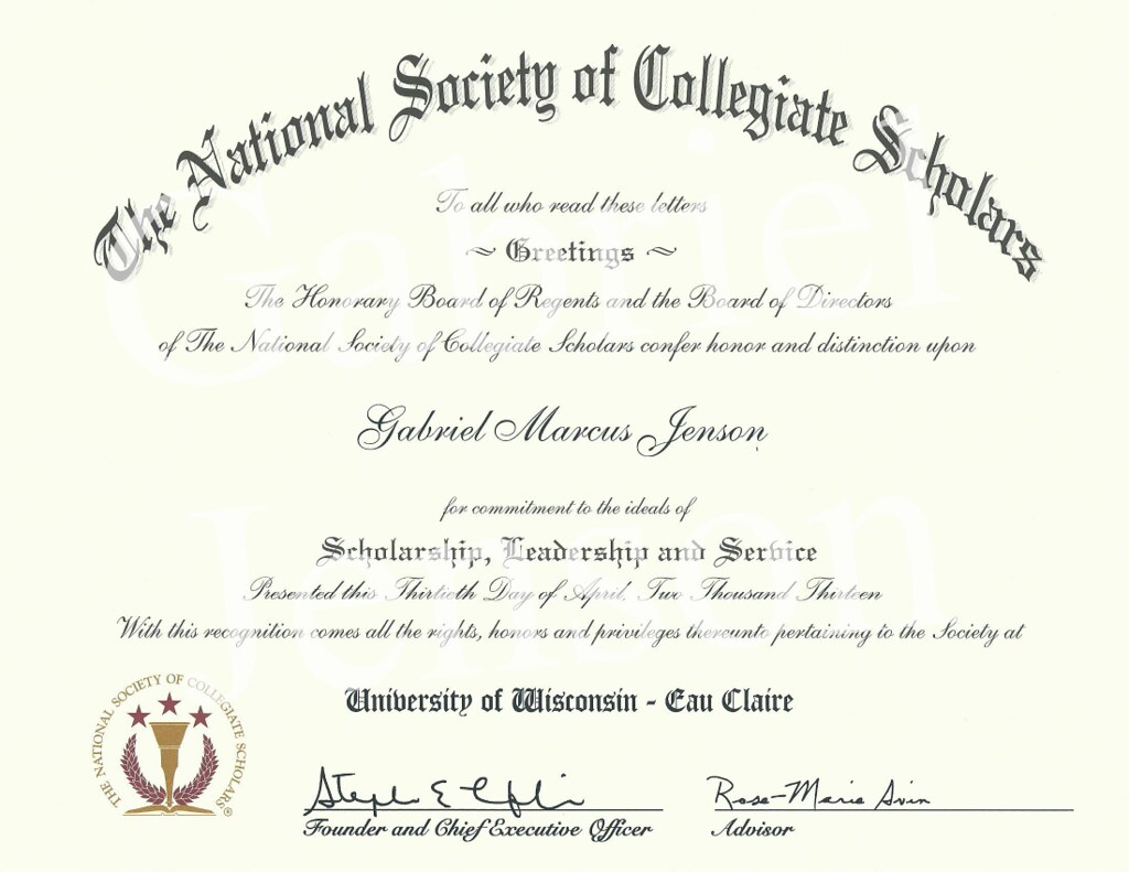 National Society of Collegiate Scholars (NSCS) Certificate