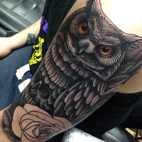 Done on this for today. Freehand owl with skull based on a 