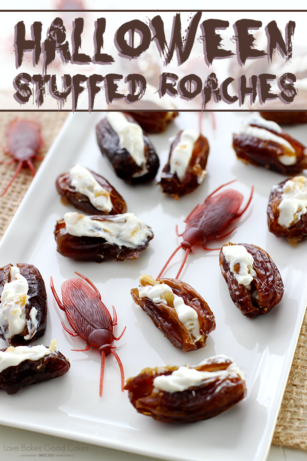 Halloween Stuffed Roaches on a plate - dates filled with cream cheese and chopped walnuts