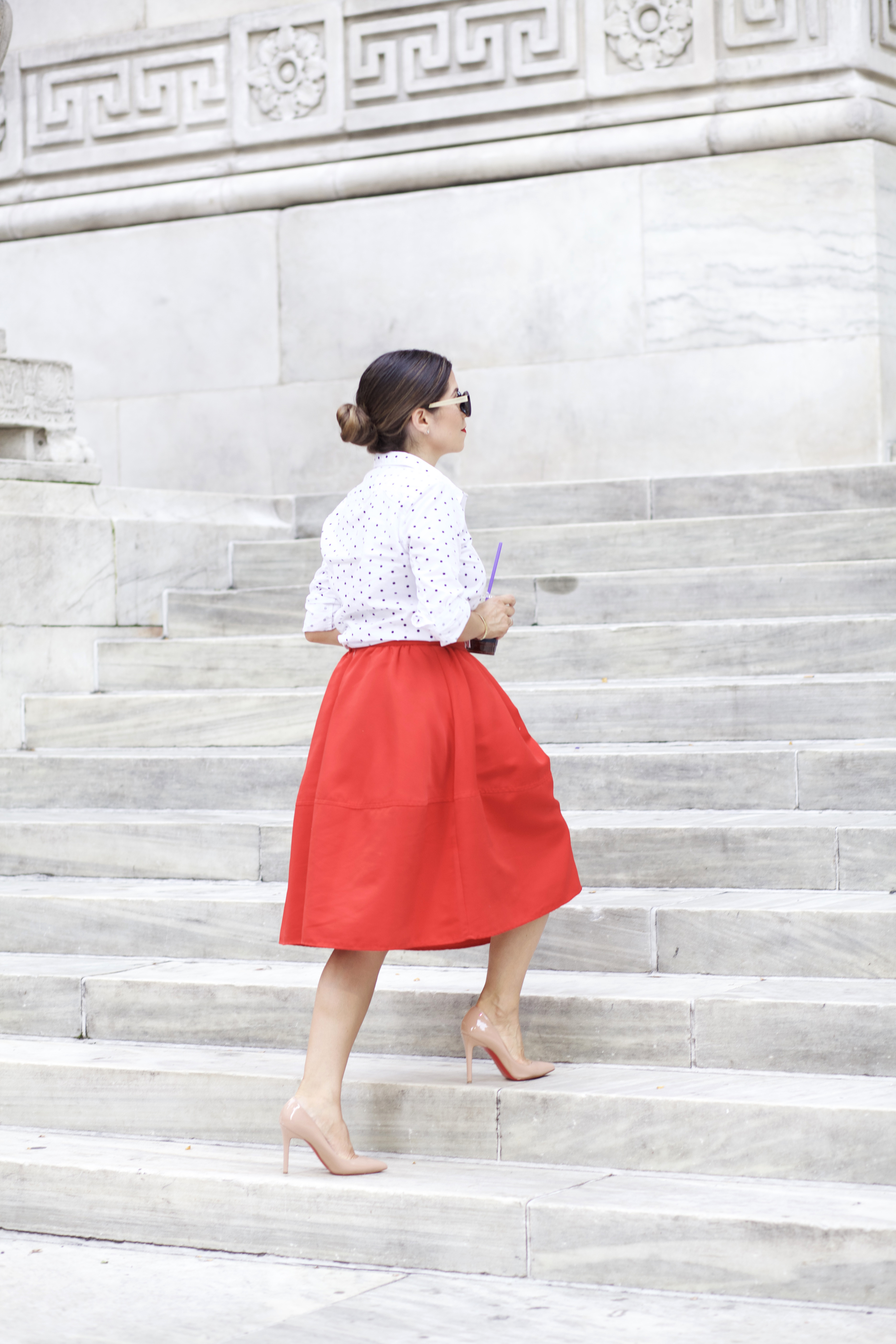 Red Midi Skirt Polka Dot Shirt Work Wear Work Style Corporate Catwalk