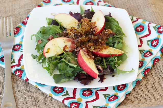 Mixed Greens Salad with Apples, Caramelized Leeks and a Maple Dijon Dressing