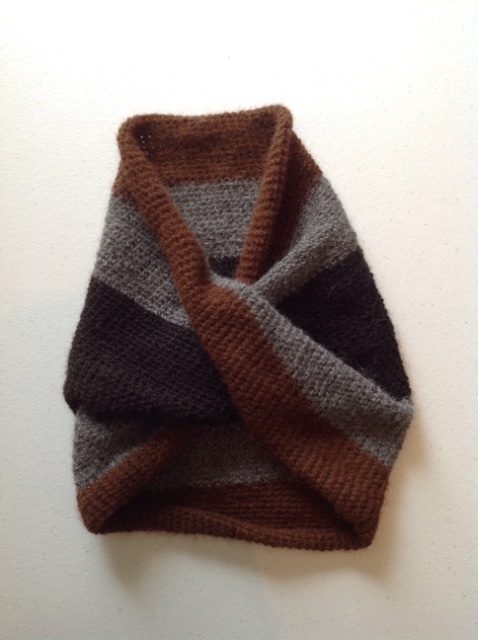 small, mobius scarf made with three different local alpaca yarns