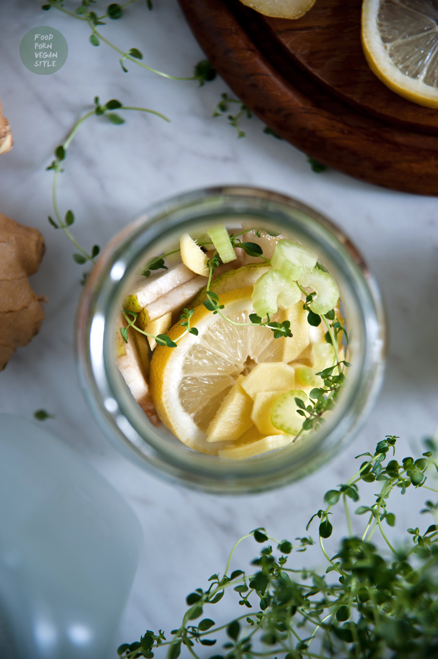 Infused water with pear,thyme,lemon,ginger and celery