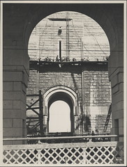 Workers cleaning granite pylons on the Harbour Bridge, 1932