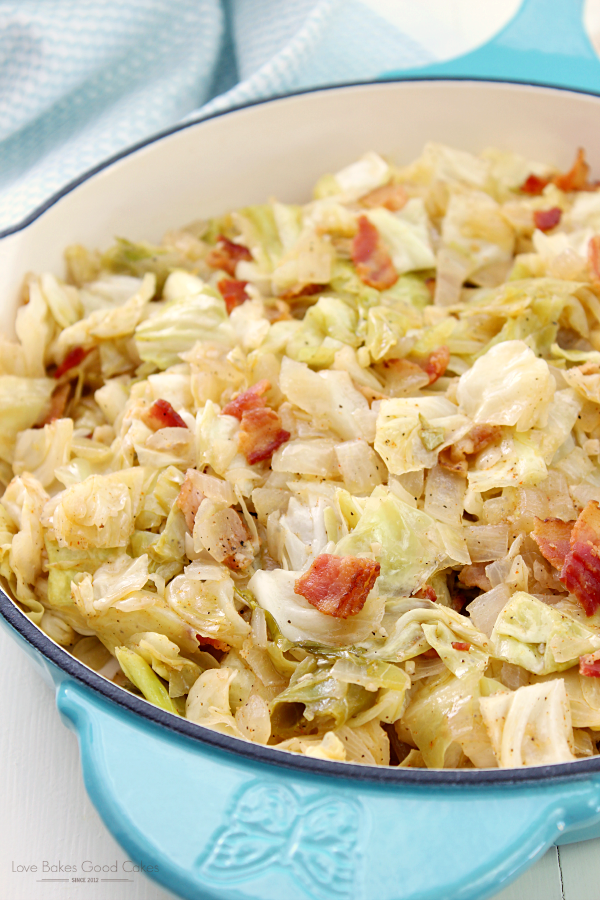 Southern Bacon-Fried Cabbage in a blue skillet.