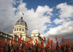 Royal Exhibition Building with flowers and clouds