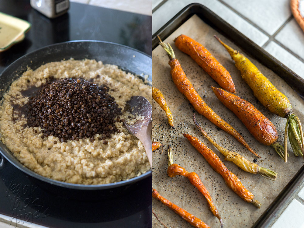 image collage of sauce pan with lentils and quinoa, and sheet pan of roasted carrots
