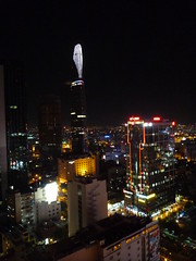 The Bitexco Financial Tower dominates the Saigon skyline at night
