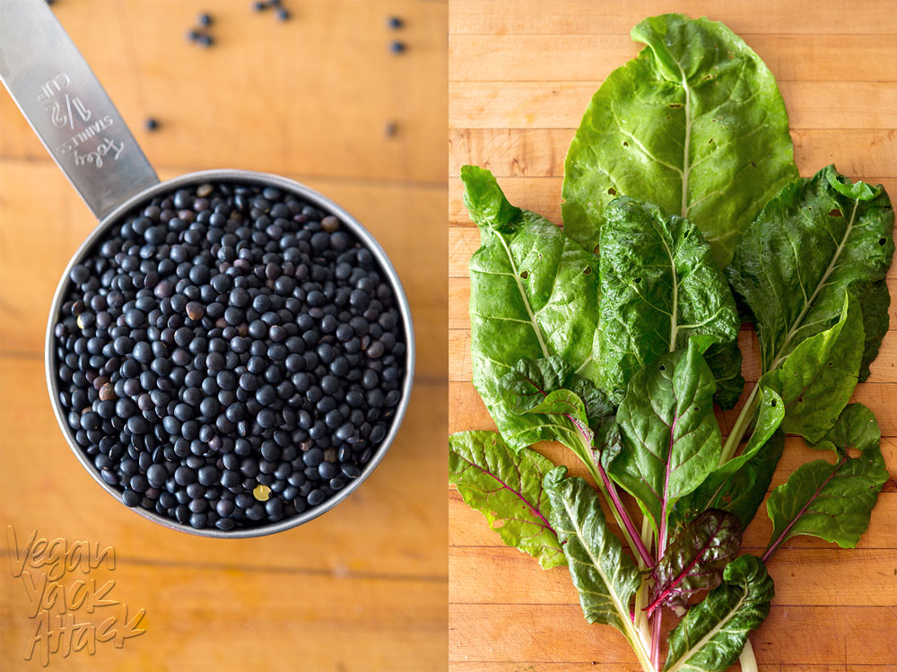 image collage of black lentils and chard