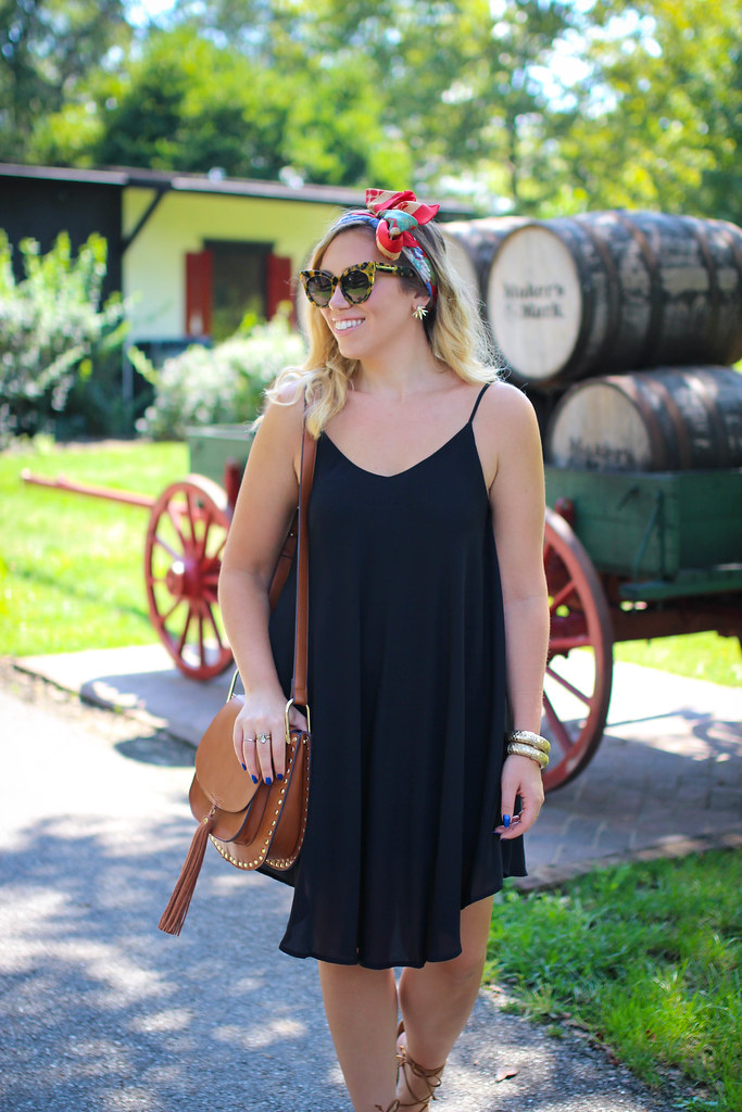 Make Me Chic Black Swing Dress Red Scarf Hair Bow Maker's Mark Distillery Bourbon Trail Kentucky Fashion Outfit Summer Living After Midnite Jackie Giardina