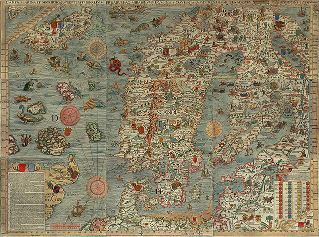 《Carta Marina》（拉丁文「海洋地圖」或「海圖」）世界第一幅繪有北歐五國的彩色地圖，由瑞典神學家奧勞斯・馬格努斯（Olaus Magnus）完成於1527~39年間，呈現出充滿海怪出沒的海域。圖片來源：wikipedia。