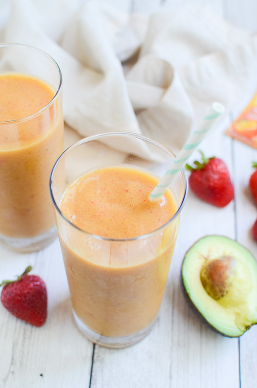 Strawberry Orange Smoothie - immune boosting and hydrating! Coconut water, strawberries, orange juice, and avocado make the most delicious smoothie!