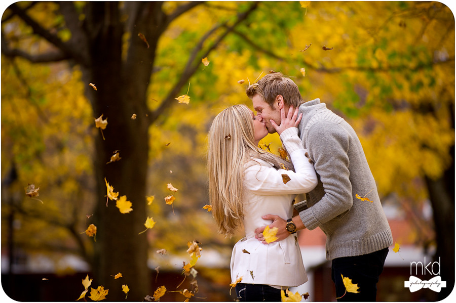 Gorgeous couple kissing with the fall leaves  Kate & Mike 