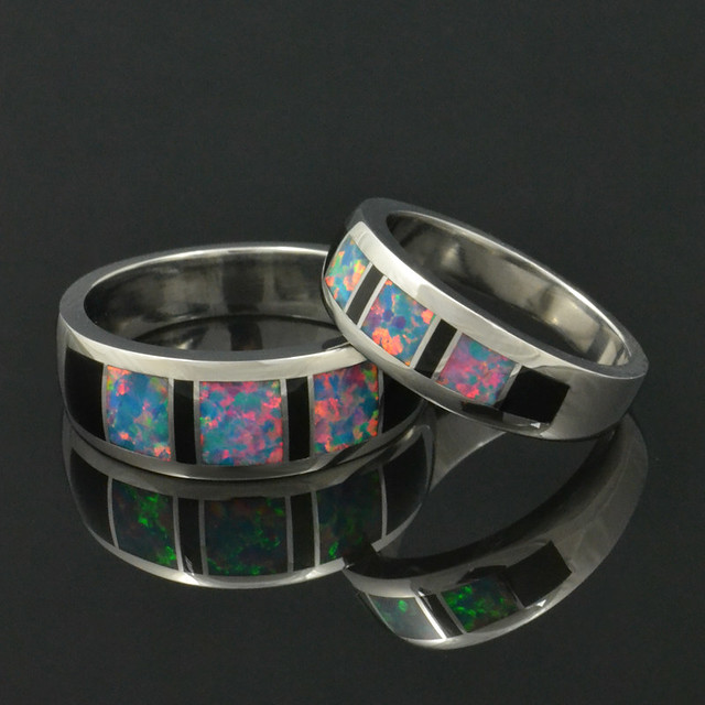 Lab created opal and black onyx wedding ring set