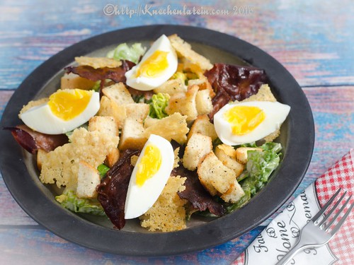 Caesar Salad with Eggs, Crispy Prosciutto, and Parmesan Wafer