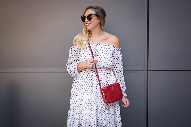DVF Inspired Off Shoulder Dotted White Dress GiGi New York Monogrammed Red Crossbody Bag Studded Sandals NYFW Outfit Summer Style Living After Midnite Jackie Giardina