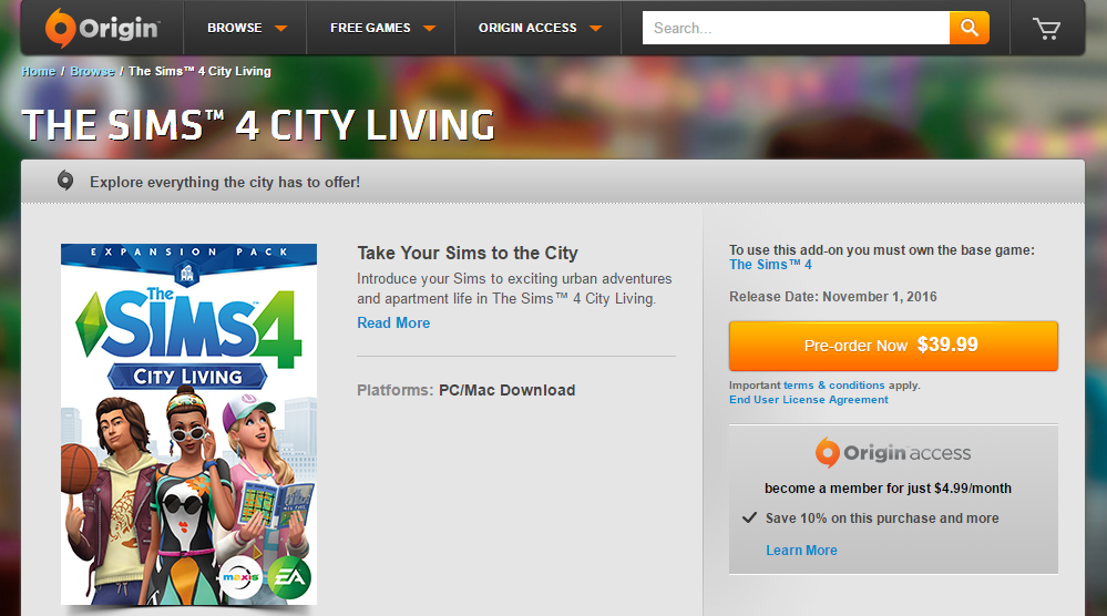 Origin: Pre-Order The Sims 4 City Living