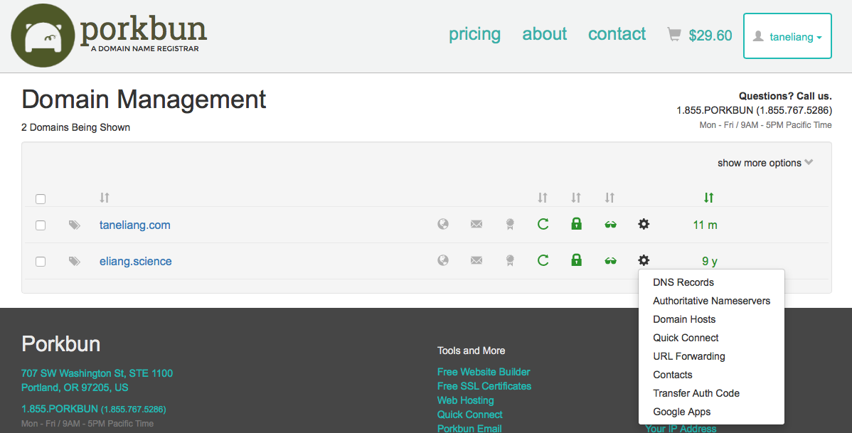 Porkbun Domain Management Screenshot