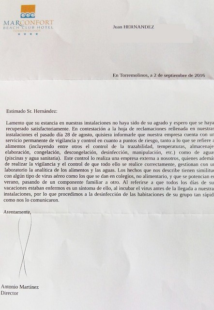Carta del director del Hotel Antonio Martínez.