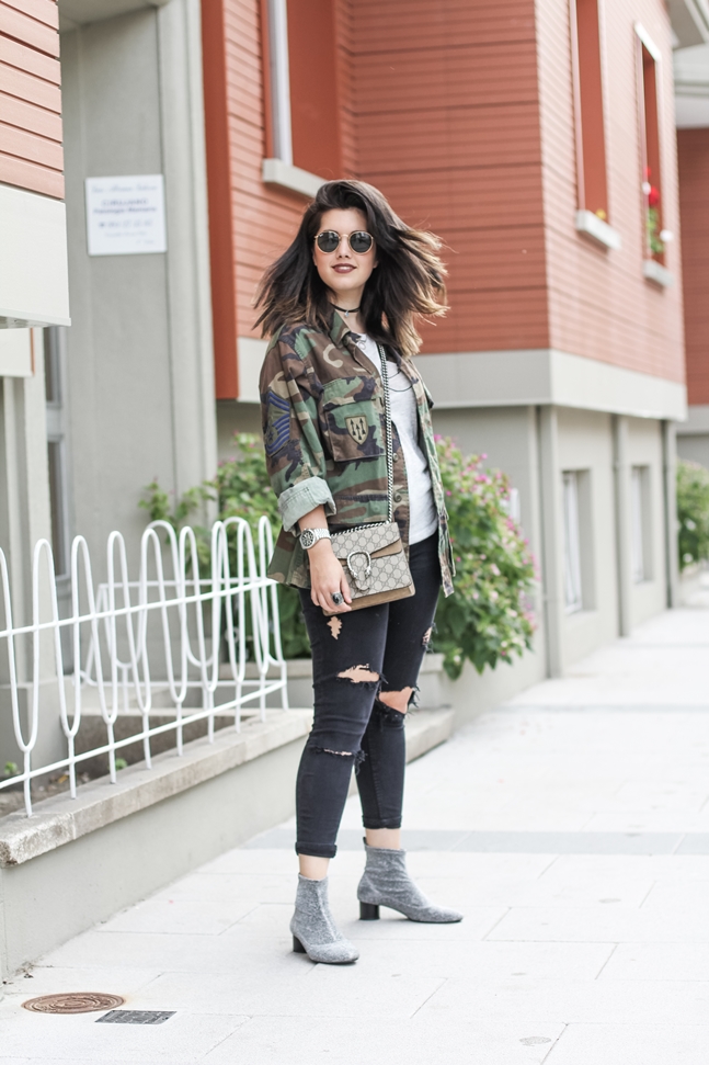 glitter silver booties with vintage army jacket and gucci dionysus bag streetstyle myblueberrynightsblog