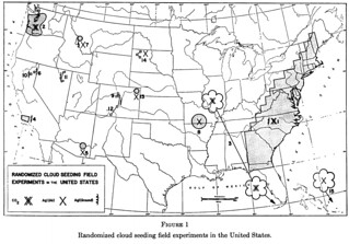map of randomized field experiments in cloud seeding in the United States 1952 - 1965