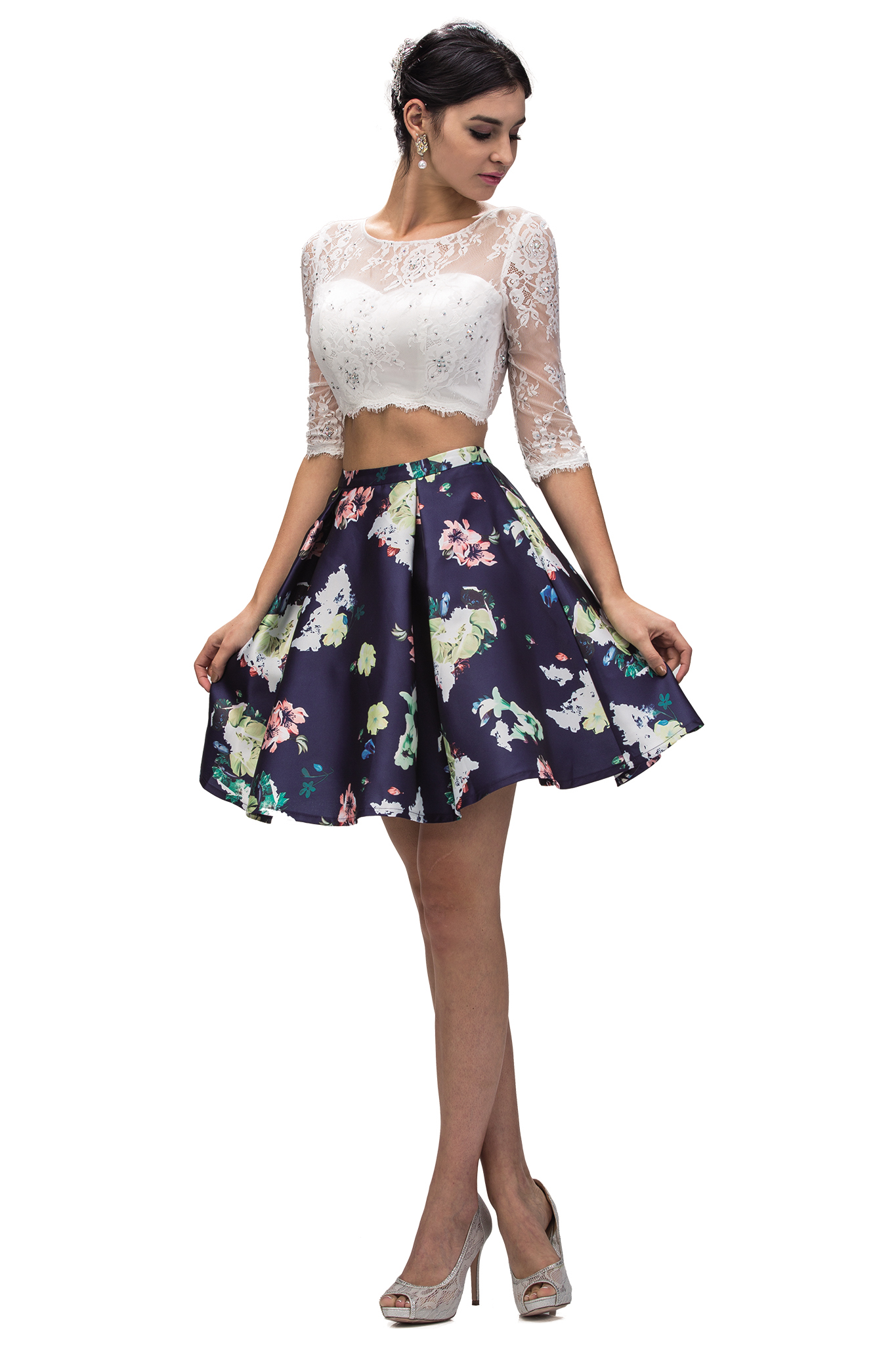 2016 Short Cocktail Prom Dress Floral Print Sleeves Two Piece Set | eBay