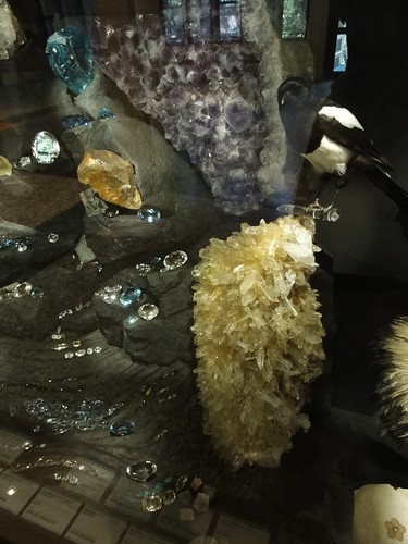 Image shows a portion of the glass case in the lobby wall. The background is molded to look like dark gray rock. Slabs of amethyst and clear quartz crystals are mounted, with uncut and cut topaz, aquamarine, and other gemstones displayed beside them.