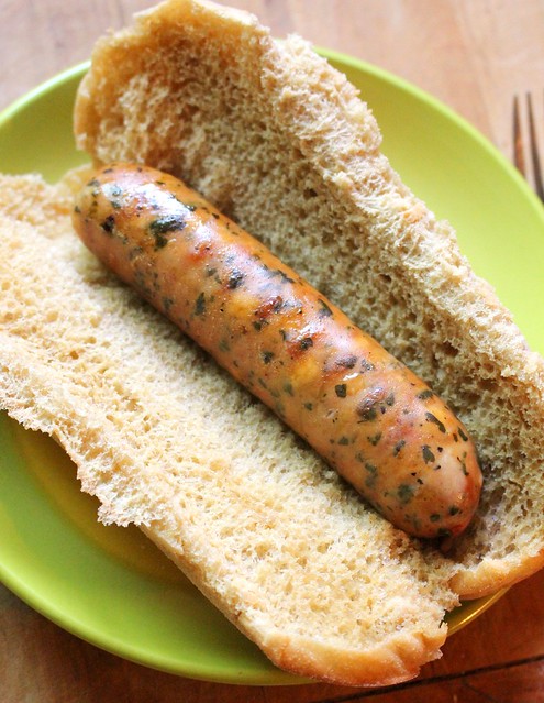 PC Asiago Cheese & Kale Chicken Sausages on PC Beer Flavoured Sausage Buns