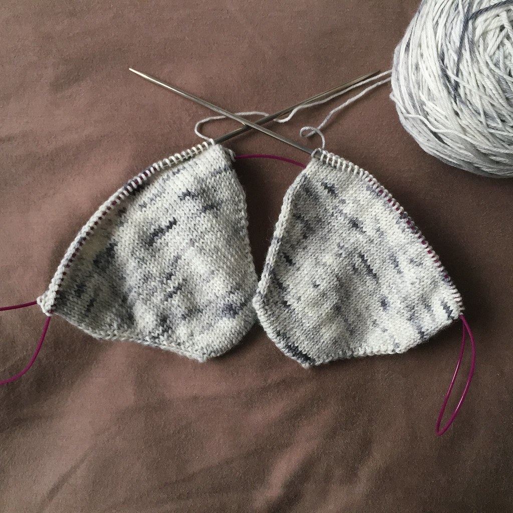 the beginnings of a pair of toe up vanilla socks knit in circus tonic handmade jubilee sock in 'magpie lark'