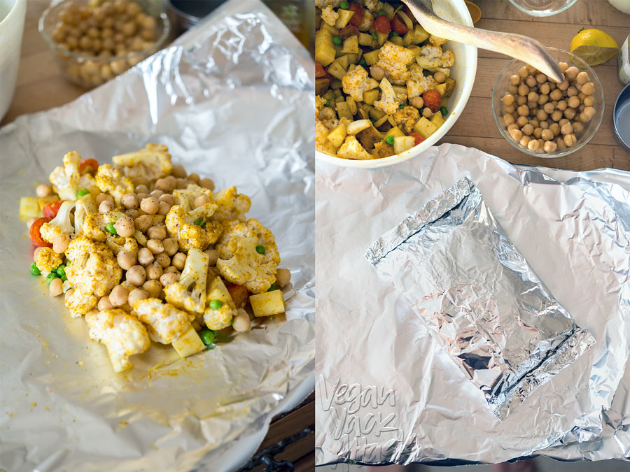 Assembling foil packets filled with veggie/chickpea mixture