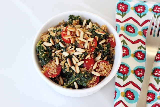 Sprouted Quinoa with Garlicky Kale, Tomatoes and Pine Nuts - Gluten-free + Vegan