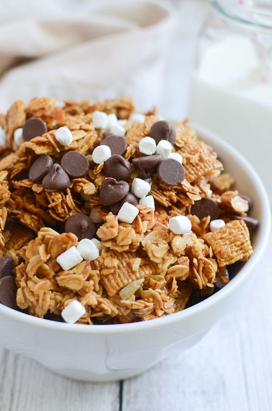 S'mores Granola - eat your s'mores with a spoon! Crunchy granola with chocolate chunks, mini marshmallows, and Golden Grahams cereal!