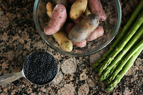 Fingerling potatoes, lentils, and asparagus spears