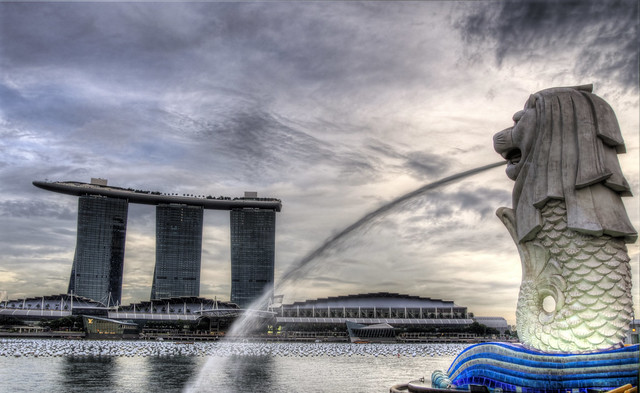 The Merlion spits at the Marina Bay Sands Casino in Singapore